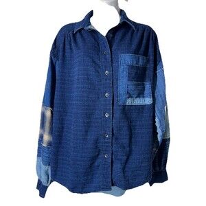We The Free People Denim Patch Long Sleeve Button Shirt Top S Balloon Sleeve SEE